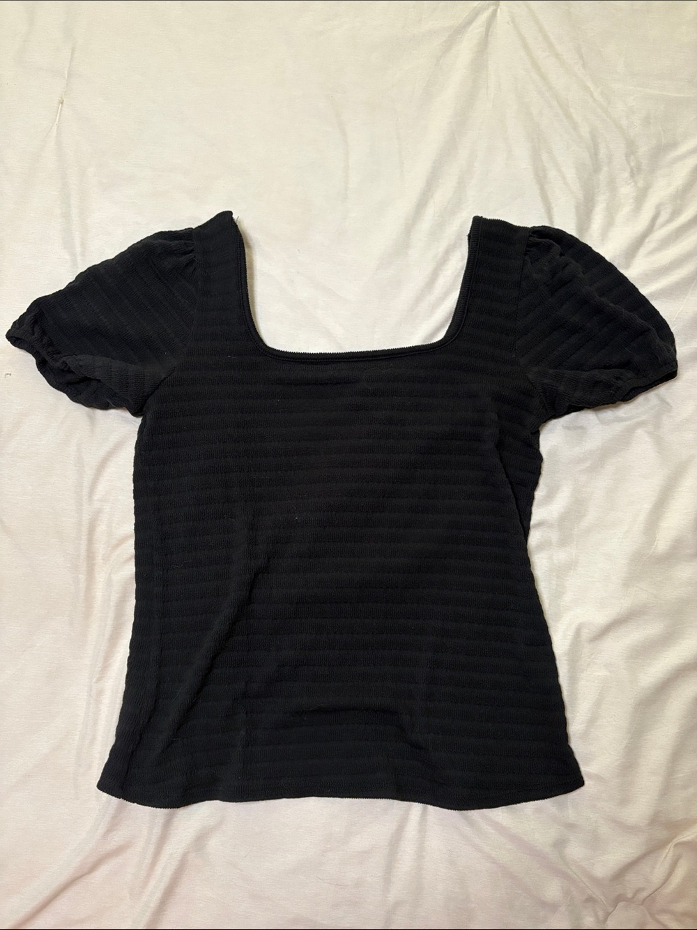 Square Neck Puff Sleeve Ribbed Top in Black